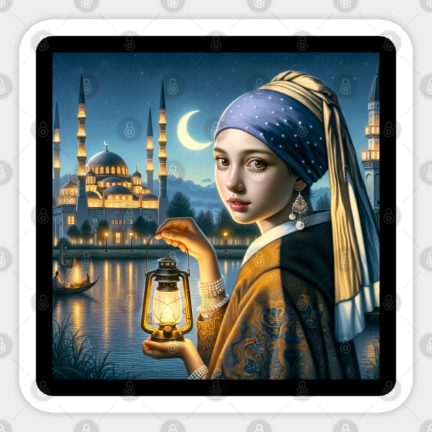 Ramadan Elegance: Girl with a Pearl Earring in Moonlight Sticker by Edd Paint Something